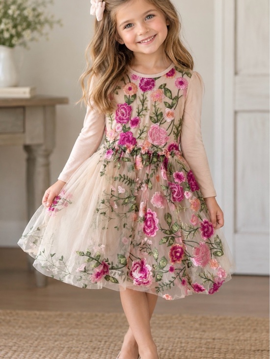 Bums and Roses Other - Bums and Roses Embroidered Pink Floral Tulle Dress for Girls Size 9/10